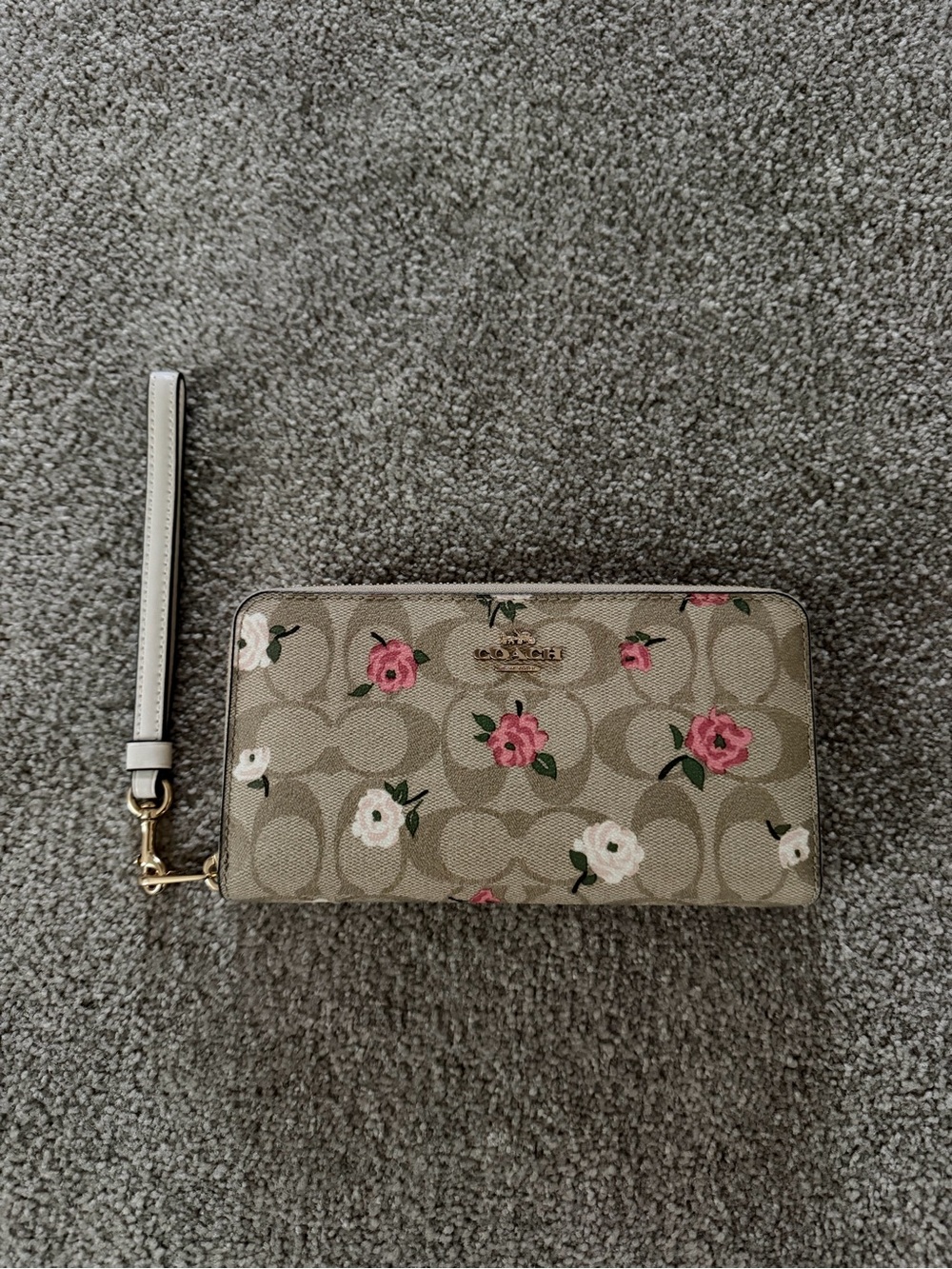 Coach Beige Floral Signature Zip Wristlet with Pink & White Accents